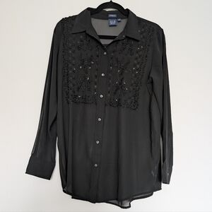 GAP Black Sheer boyfriend Shirt Embellished Button-Up Blouse